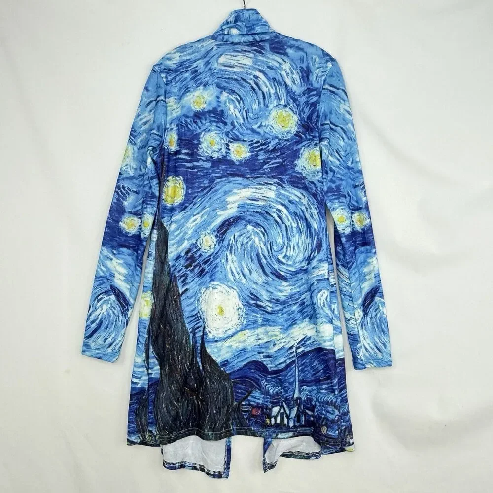 Starry Night Print Open Front Cardigan Women Size M Blue Art Knit